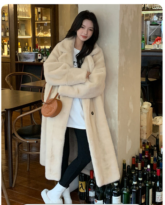 Beige Button Leather Fur Maxi Coat Long Sleeve