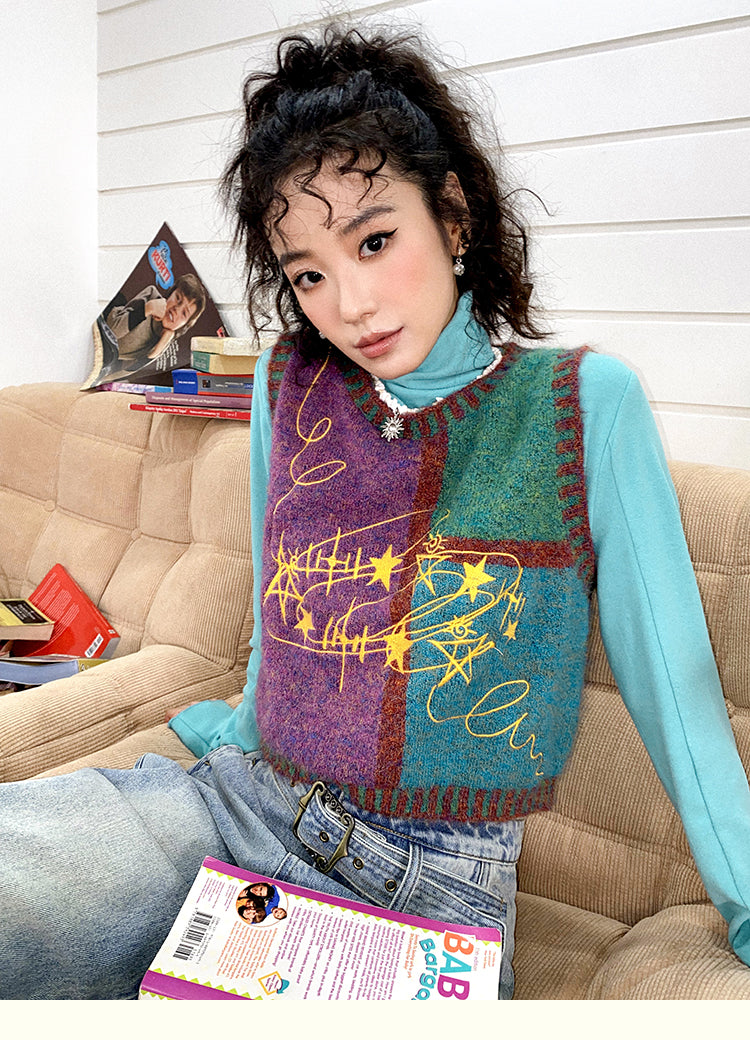 Art Blue O Neck Patchwork Cotton Knit Waistcoat Fall
