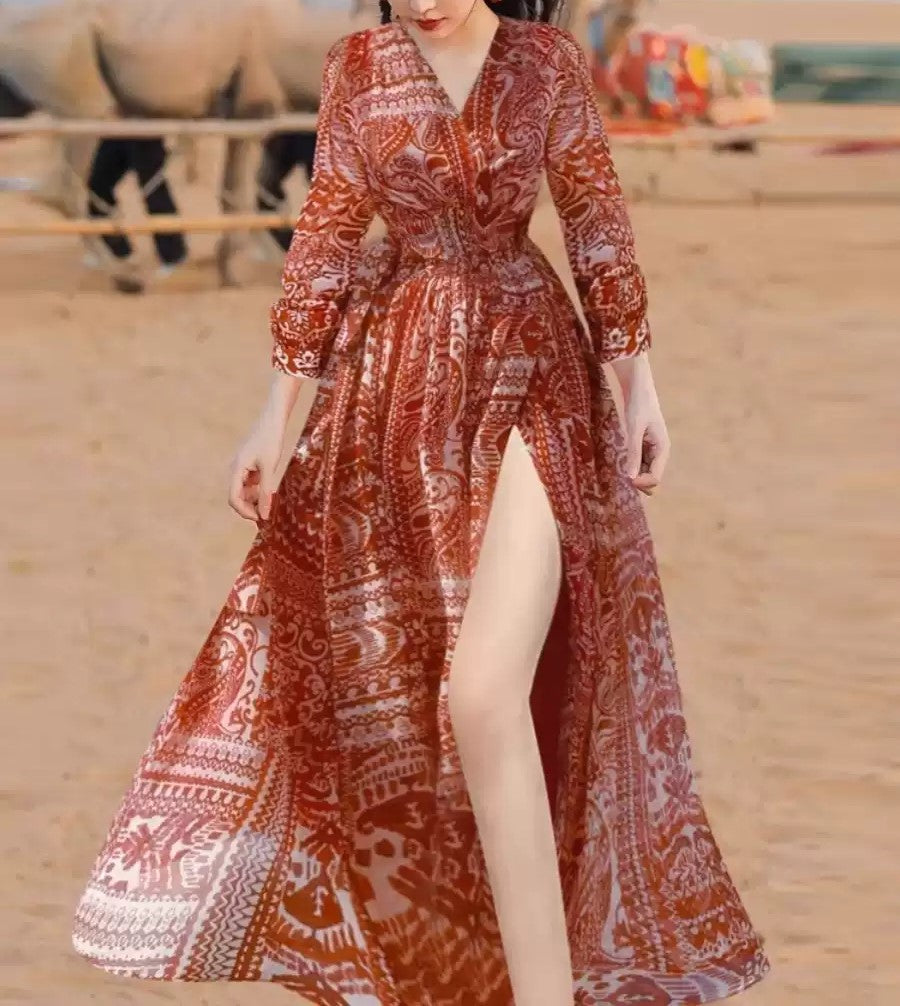 Bohemian Red Print Tie Waist Vacation Long Dresses Spring