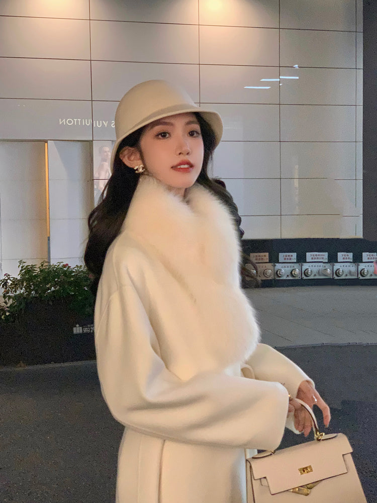 Stylish Beige Fur Collar Tie Waist Long Woolen Coats Winter