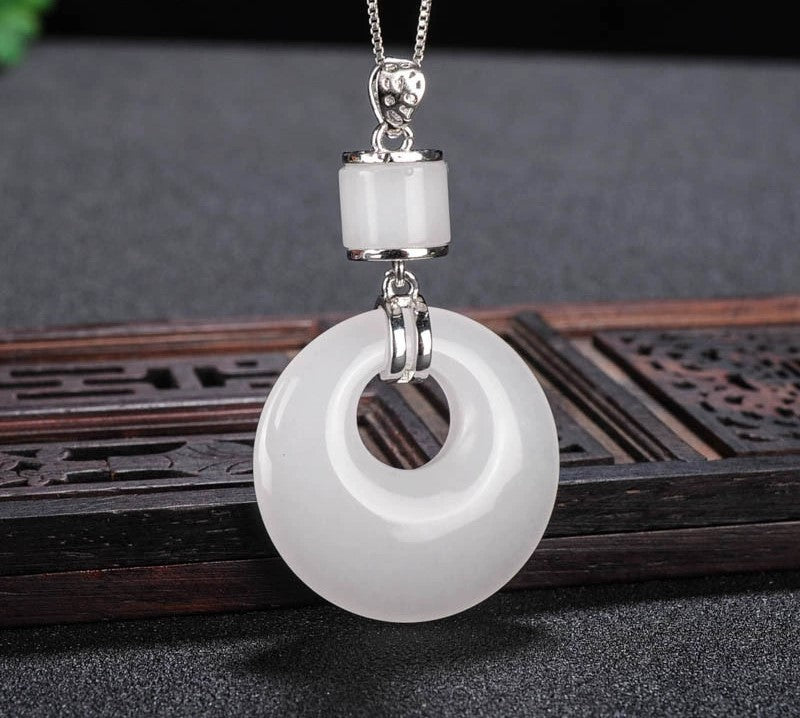 Natural Golden Silk Jade Peace Buckle Pendant Necklace