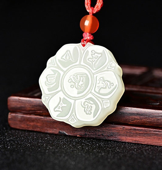 Sacred Mantra Hetian White Jade Pendant Necklace