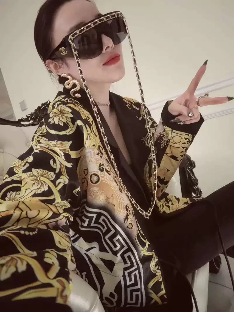 Fashion Printed Satin Coat Loose Fit Autumn Style