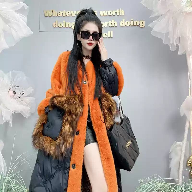 Beautiful Orange O-Neck Drawstring Patchwork Button Leather And Fur Maxi Parka Winter