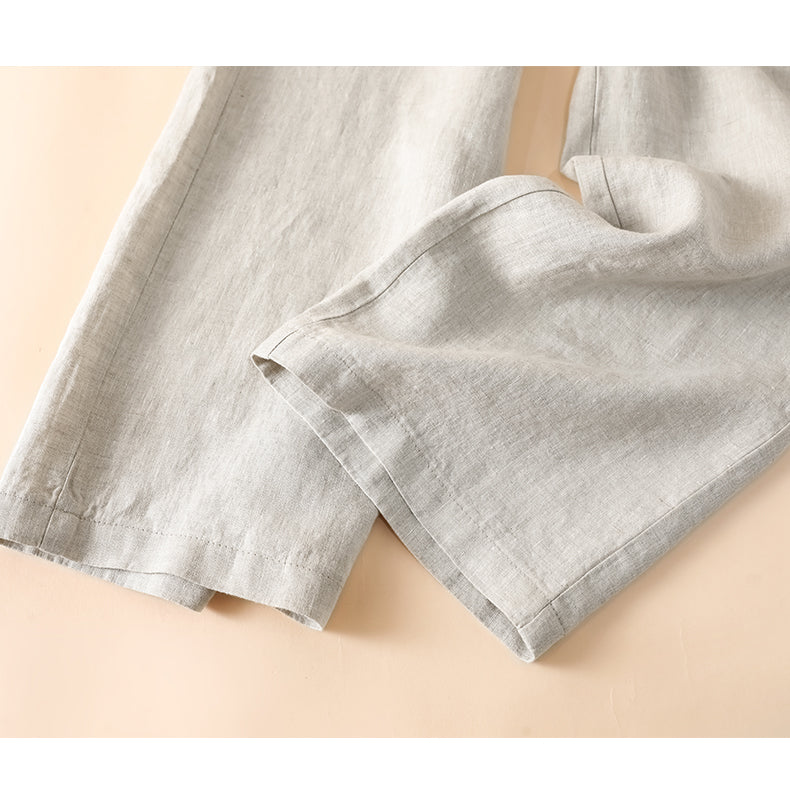 Simple White Pockets Elastic Waist Solid Linen Pants Summer
