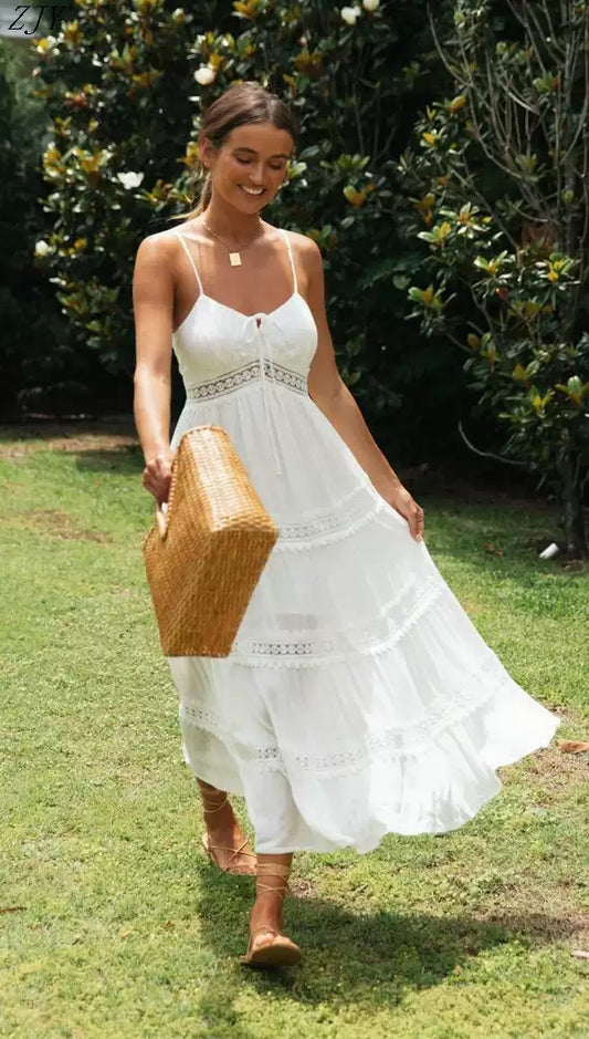 Bohemian White V Neck Chiffon Long Dress Sleeveless