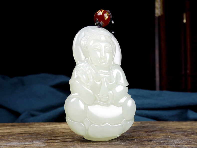 Natural Hetian White Jade Guanyin Pendant Necklace