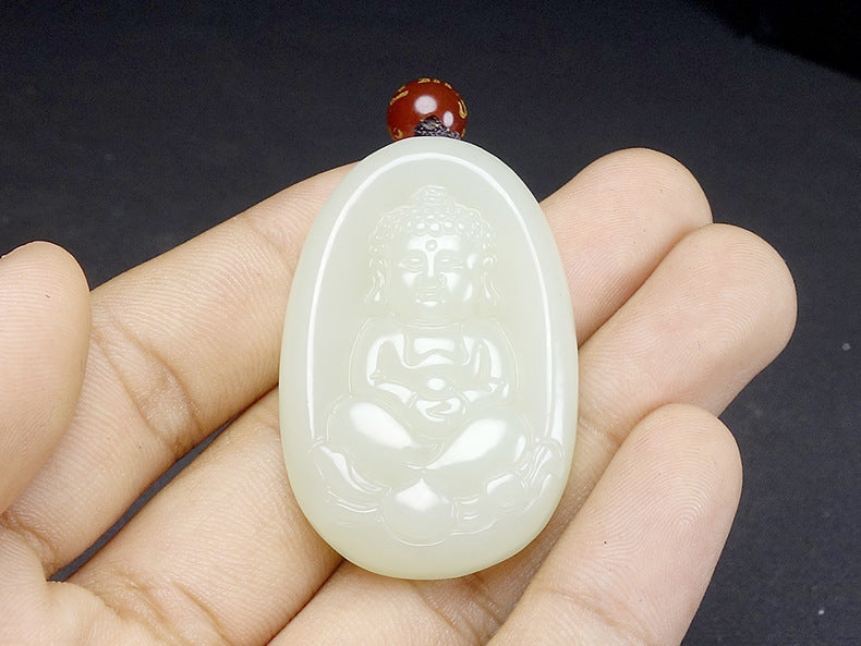 Natural Hetian White Jade Buddha Plaque Pendant Necklace