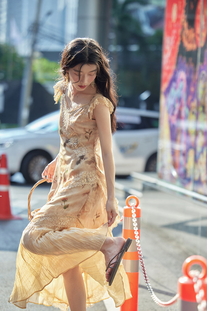 Holiday Style Orange Print V Neck Lace Patchwork Cotton Dresses Summer