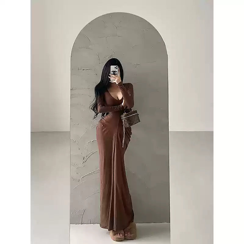 New Simple Black V Neck Slim Fit Cotton Long Dress Spring