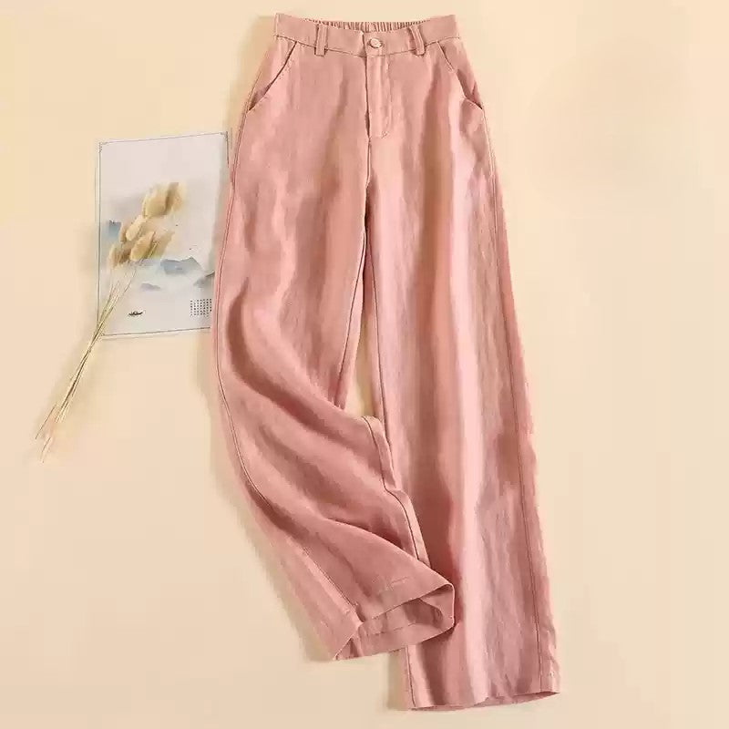 New Pink Pockets Elastic Waist Linen Wide Leg Pants Summer
