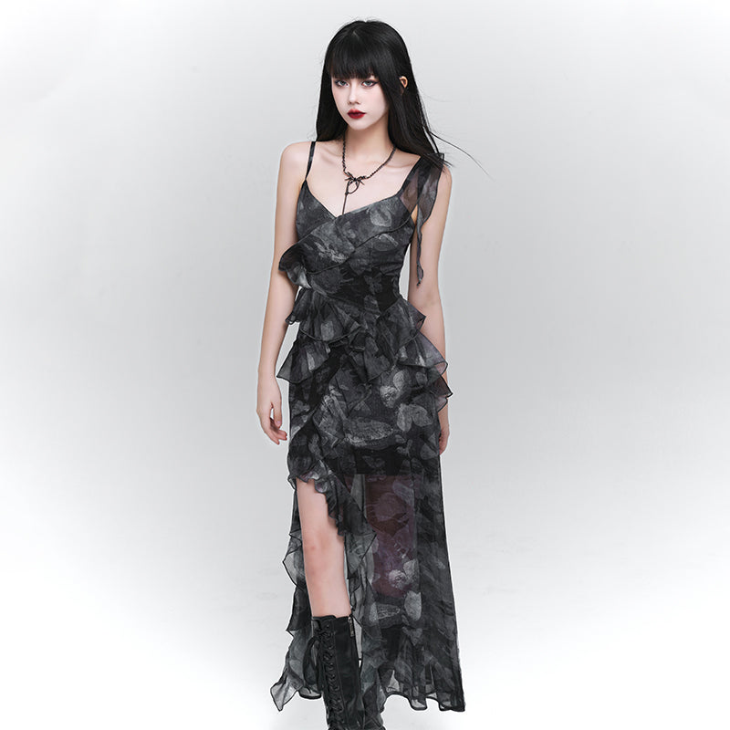New Dark Black Ruffled Print Side Open Chiffon Holiday Dress Summer