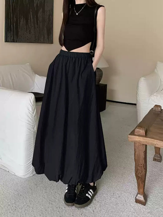 Design Black Elastic Waist Irregular Pleated Puff Skirt