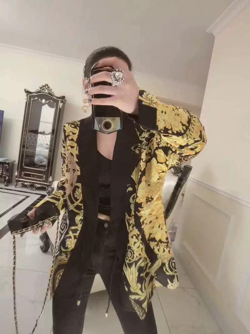 Fashion Printed Satin Coat Loose Fit Autumn Style