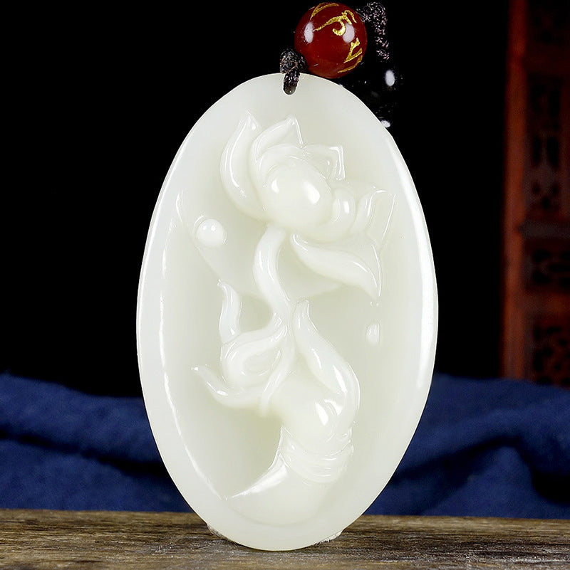 Natural Hetian White Jade Lotus Guanyin Pendant Necklace