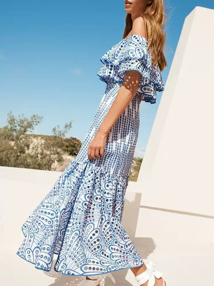 New Yellow Slash Neck Print Tie Waist Cotton Long Dress Summer
