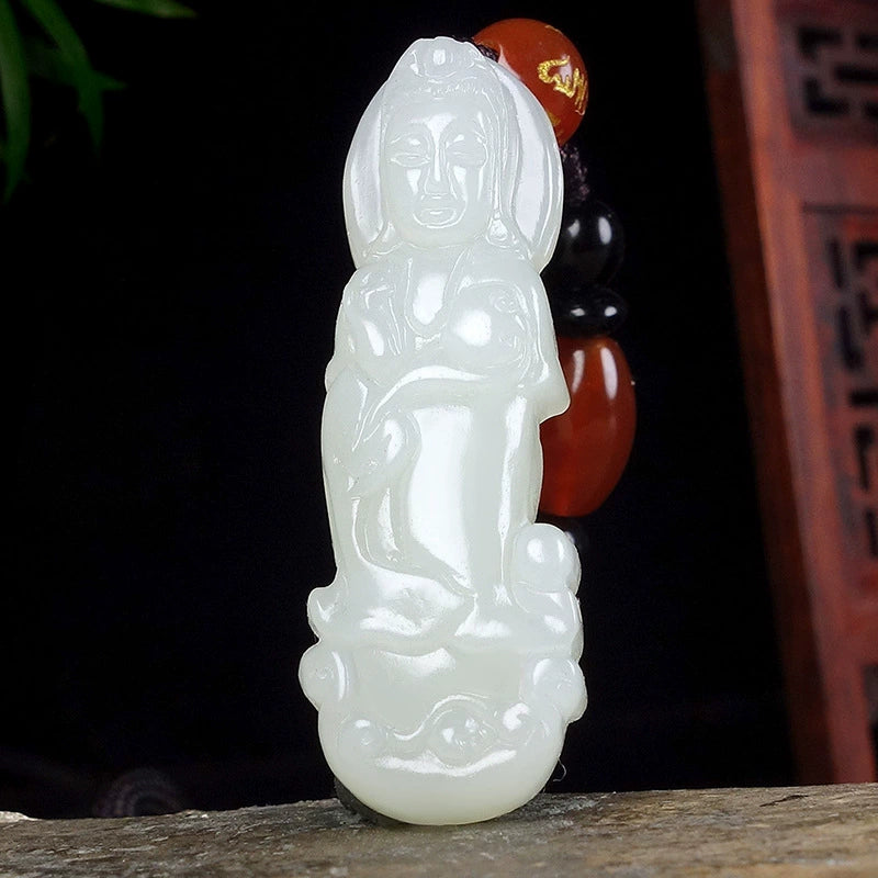 Natural Hetian White Jade Standing Guanyin Pendant Necklace (Men's)