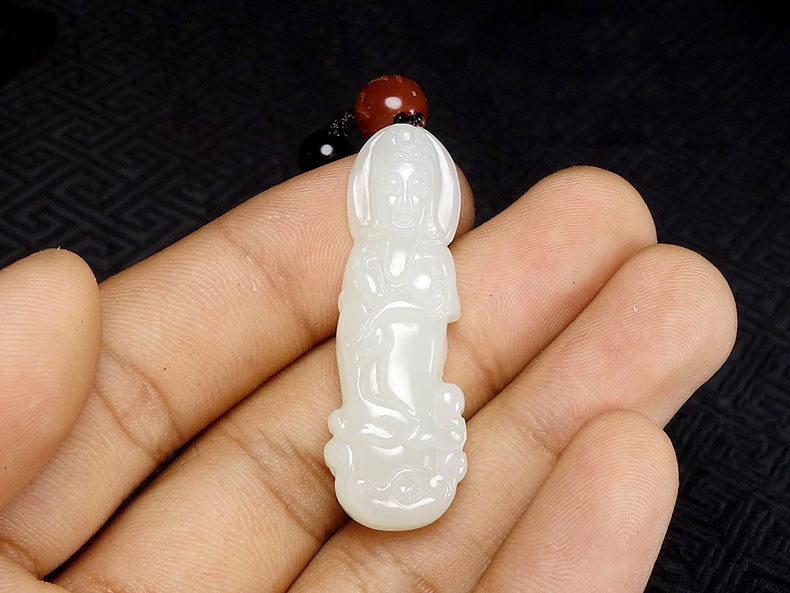 Natural Hetian White Jade Standing Guanyin Pendant Necklace (Men's)
