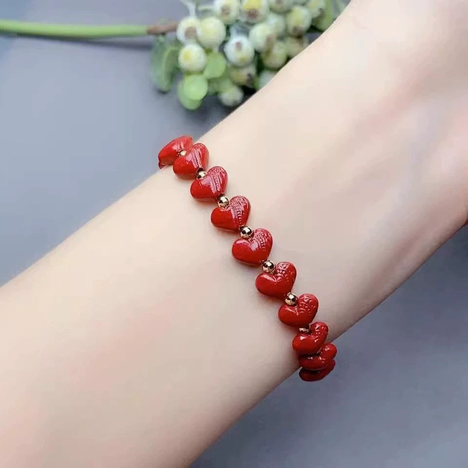 Delicate Heart-Shaped Natural Cinnabar Bracelet for Women