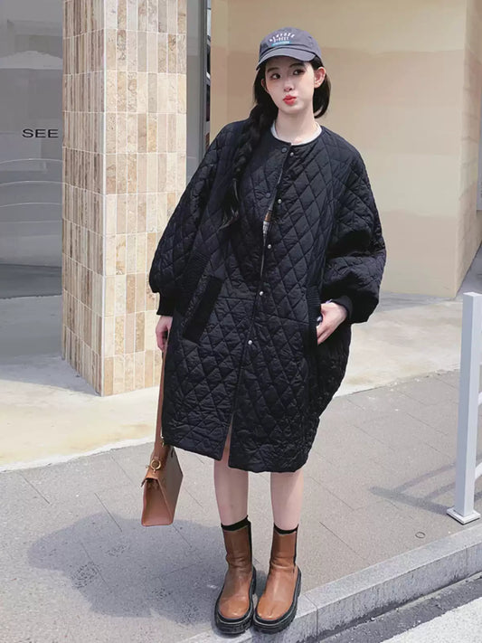 Loose Black O-Neck Plaid Patchwork Button Pockets Parka Winter