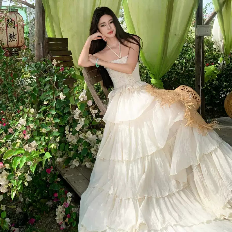 Novelty Apricot Slash Neck Wrinkled Solid Cotton Dresses