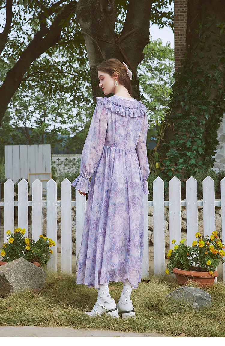 Unique Blue V Neck Ruffled Print Chiffon Long Dress Spring