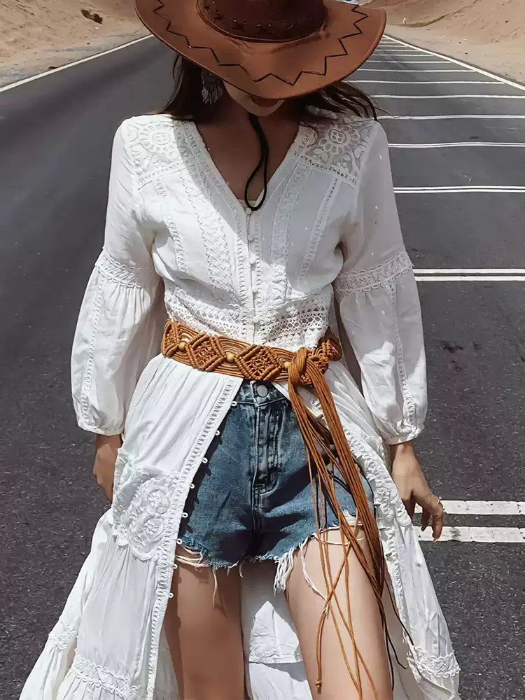 Elegant Beige Hollow Out Tunic Maxi Dress Summer