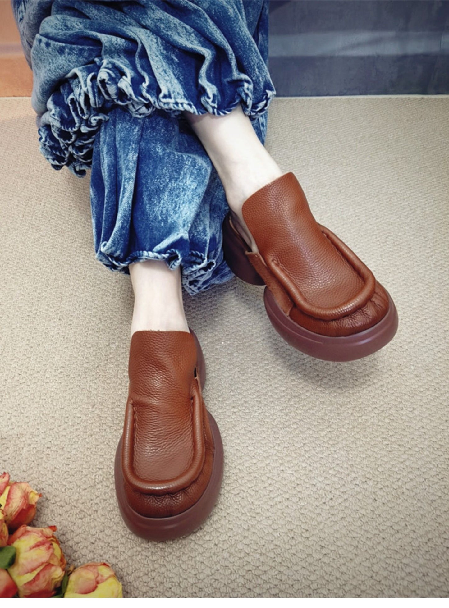 Brown Retro Splicing Cowhide Leather Platform Slide Sandals
