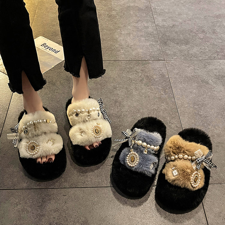 New Khaki Nail Bead Bow Platform Teddy Slide Sandals