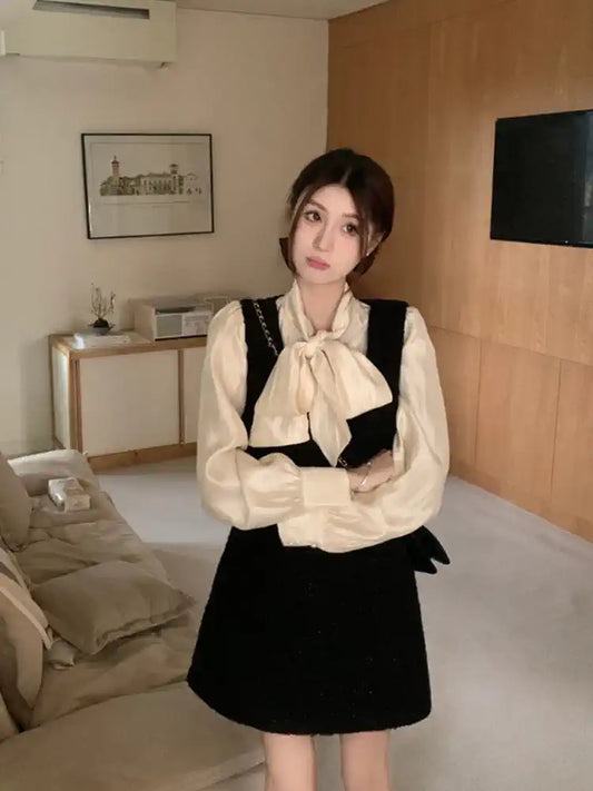 Black Button Cotton Two Pieces Set Lace Up Fall