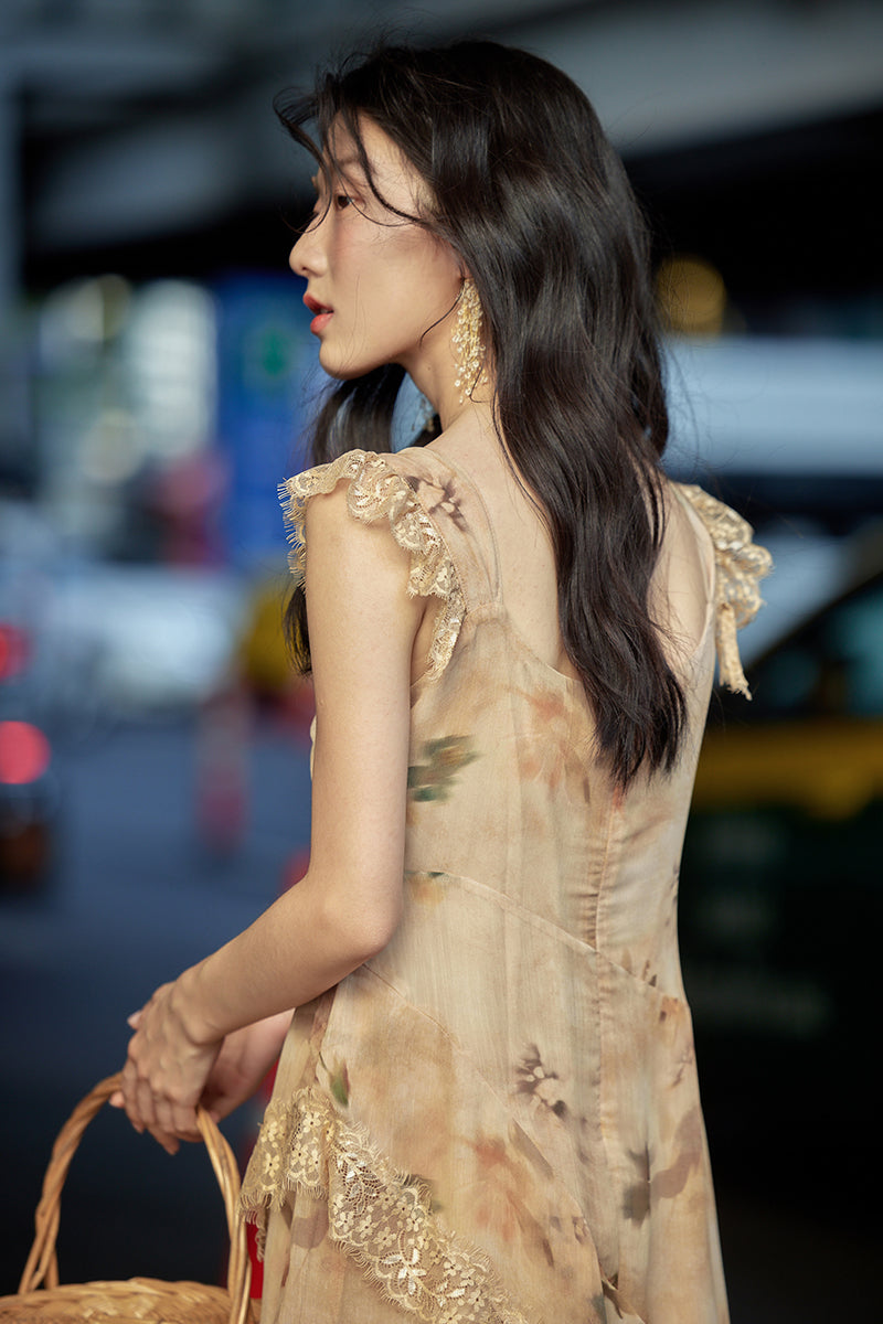 Holiday Style Orange Print V Neck Lace Patchwork Cotton Dresses Summer