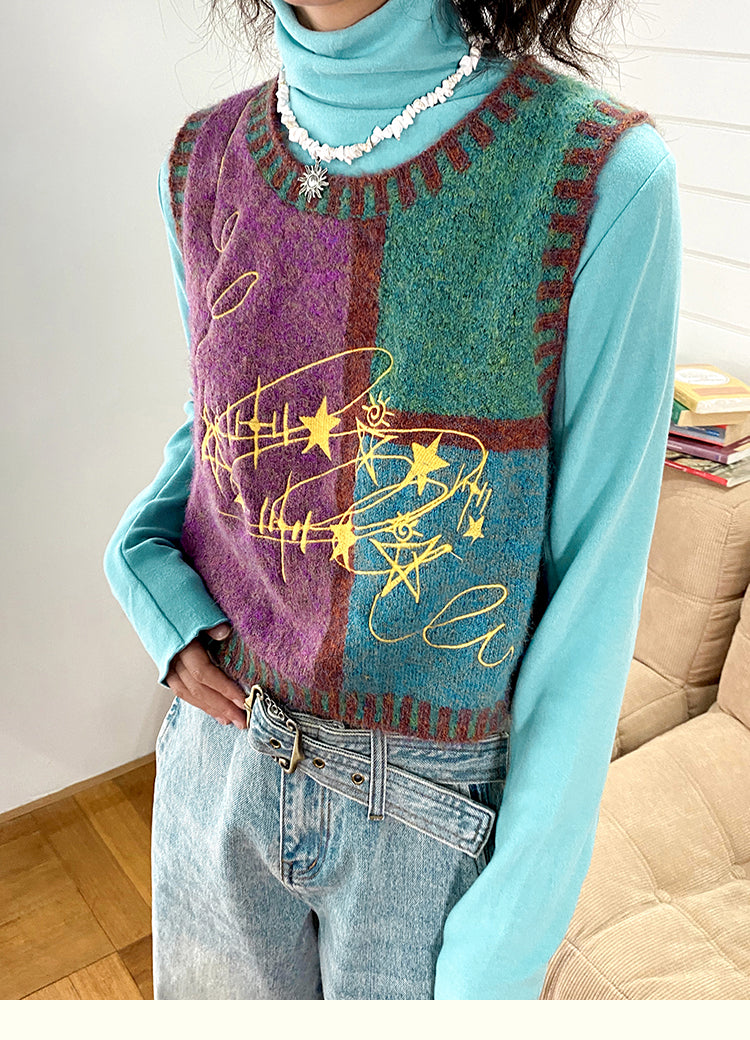 Art Blue O Neck Patchwork Cotton Knit Waistcoat Fall