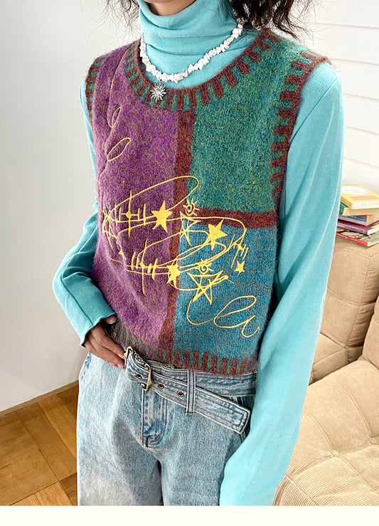 Art Blue O Neck Patchwork Cotton Knit Waistcoat Fall
