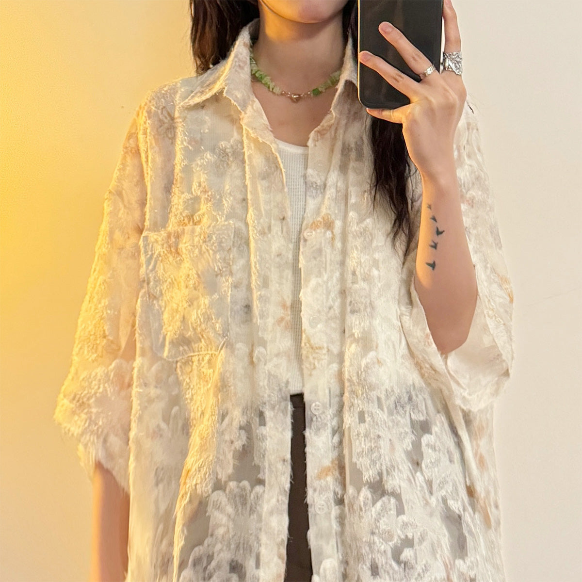 Chic Loose Blue Lapel Floral Tassel Half Sleeve Shirt