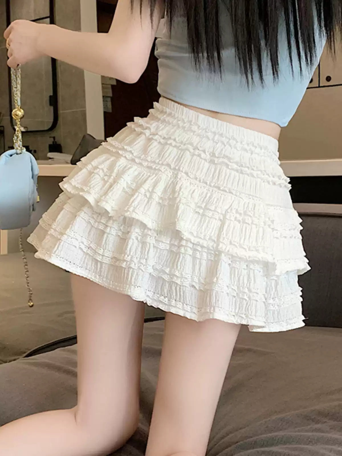 New Beige Wrinkled Elastic Waist Cotton Skirt Summer