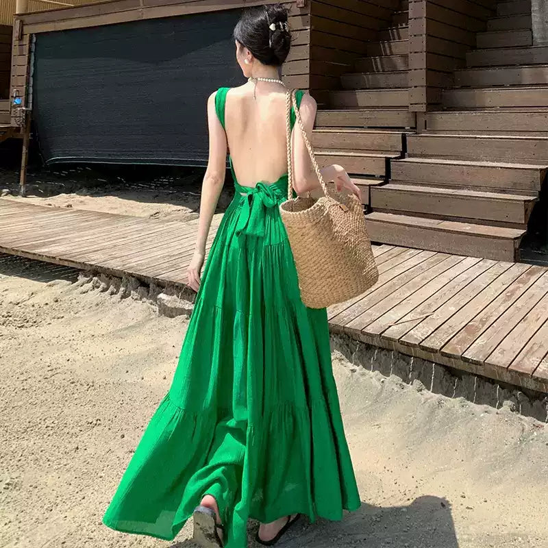 Fine Green V Neck Side Open High Waist Cotton Long Dresses Sleeveless