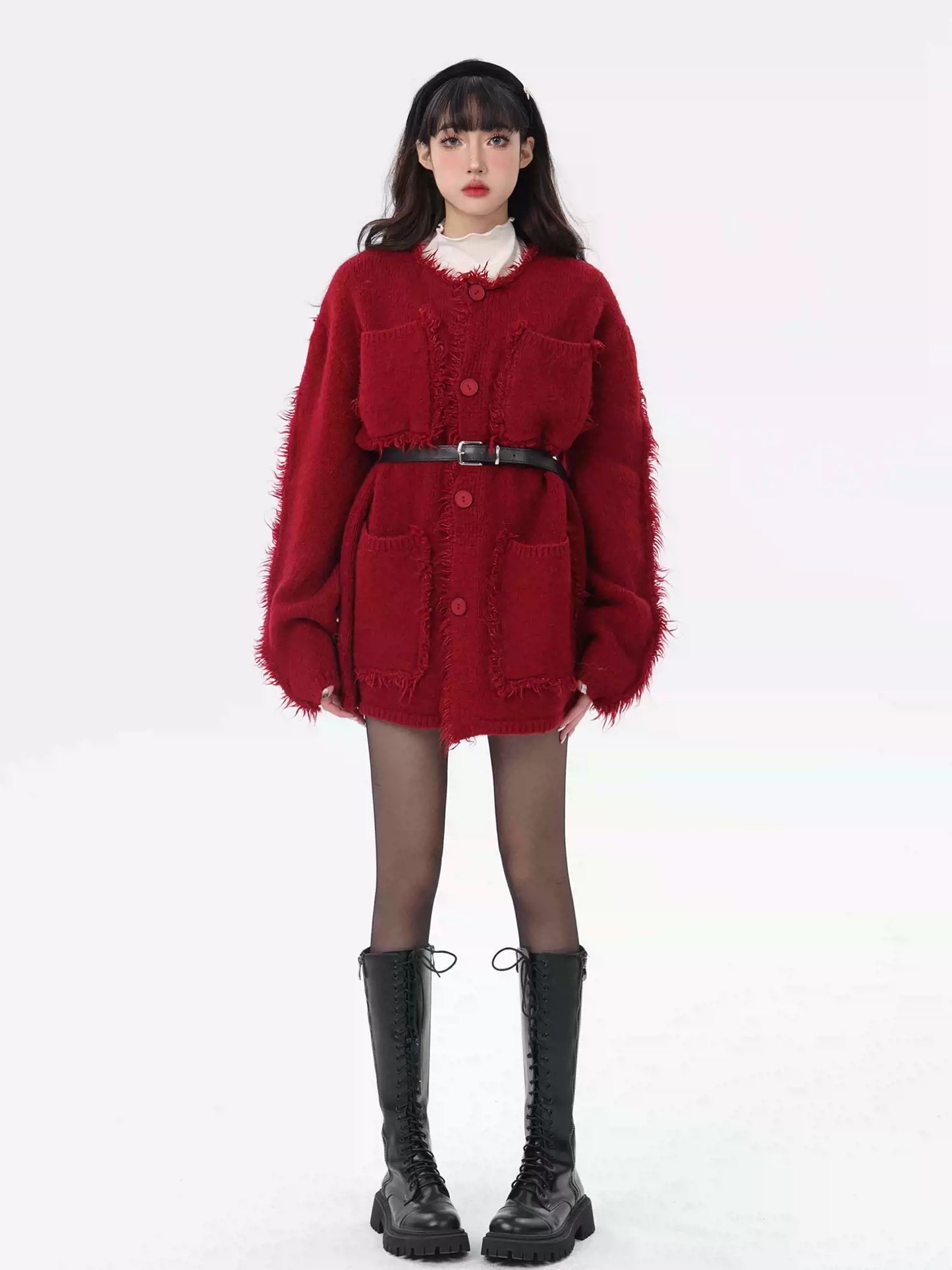 Natural Red Pockets Patchwork Button Cotton Knit Coats Fall