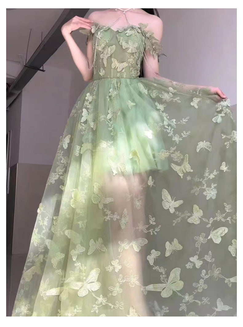 Beautiful Green Butterfly Side Open Tulle Maxi Dresses Sleeveless