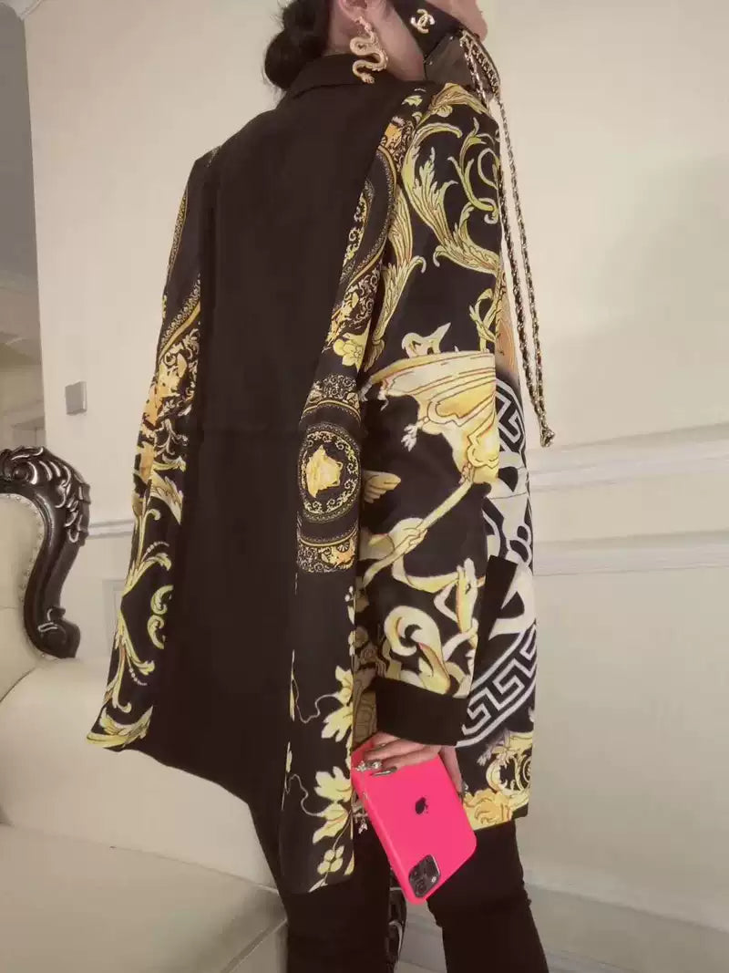 Fashion Printed Satin Coat Loose Fit Autumn Style