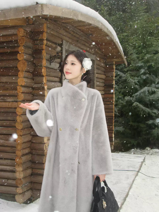 Casual Gray Notched Button Thick Faux Leather Long Coats Winter