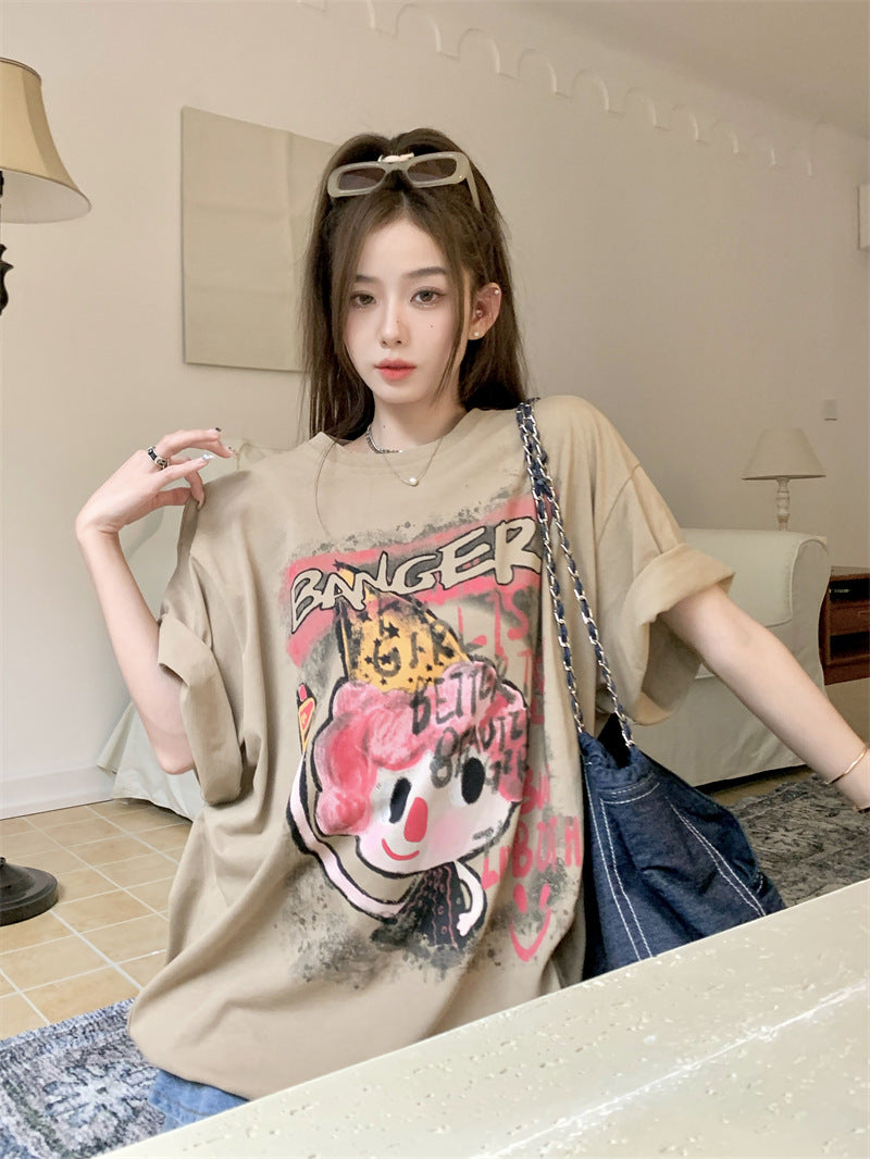 Khaki Cartoon Print Cotton Loose Tops Spring