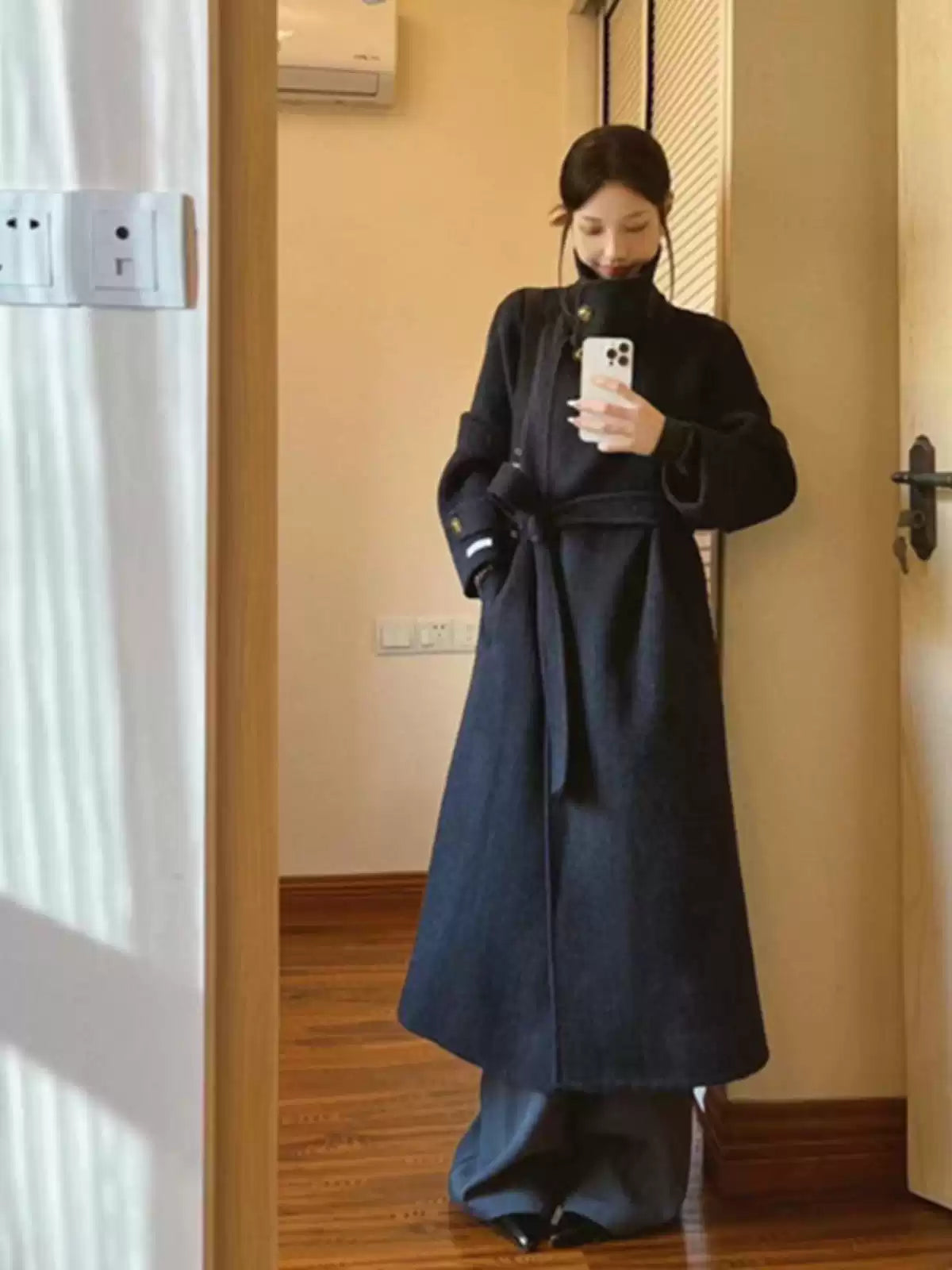 Fashion Grey Stand Collar Tie Waist Woolen Trench Winter