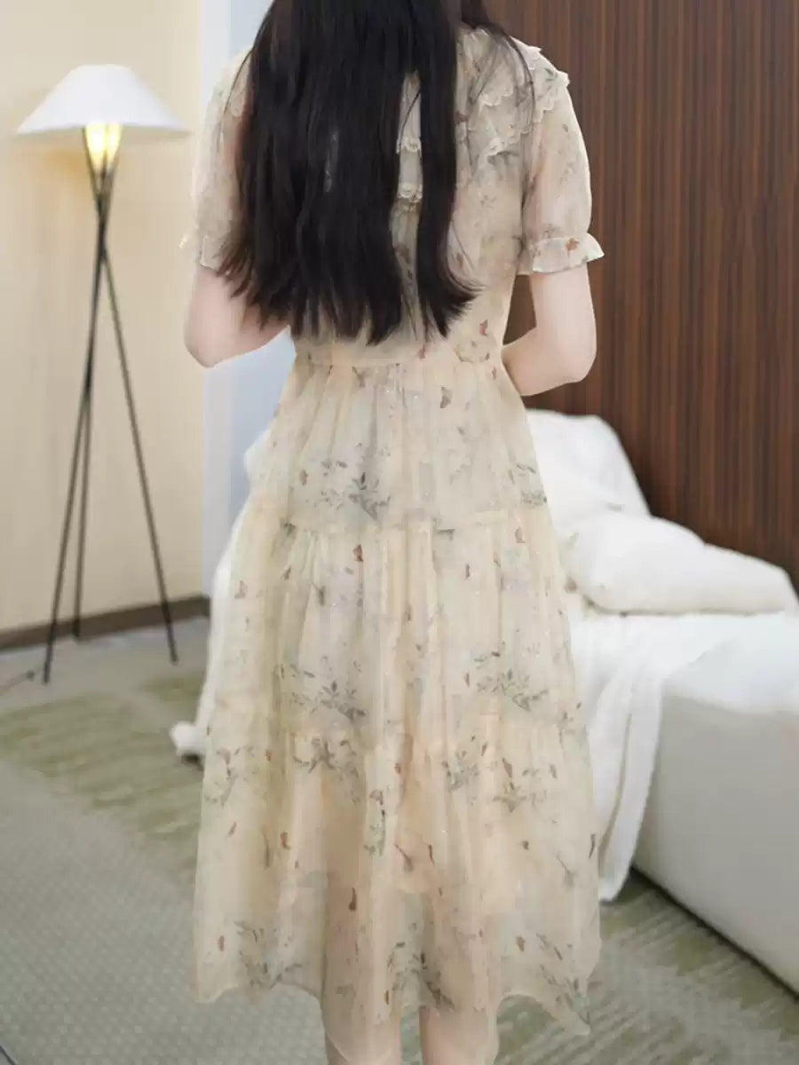 Elegant Khaki Embroidered Ruffled Chiffon Mid Dress Summer