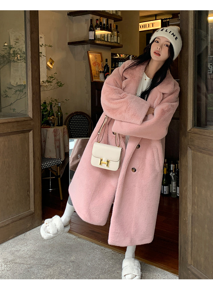 Beige Button Leather Fur Maxi Coat Long Sleeve