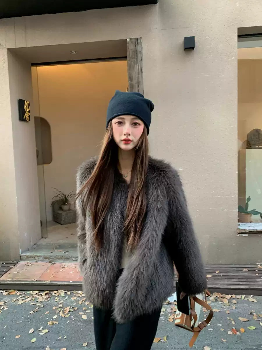 Boho Dark Grey Leather And Fur Coats Winter