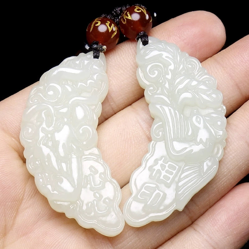 Natural Hetian Jade Crescent Couple Pendant Necklace