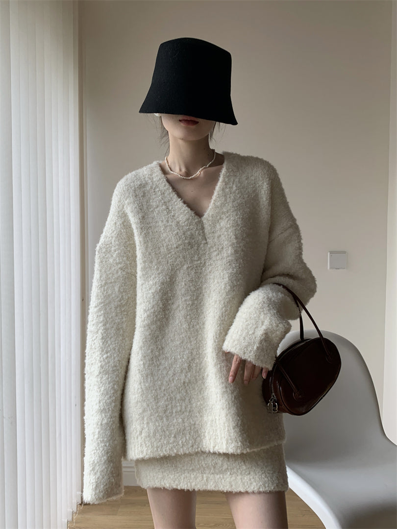 Simple Black V Neck Solid Knit Sets 2 Pieces Winter