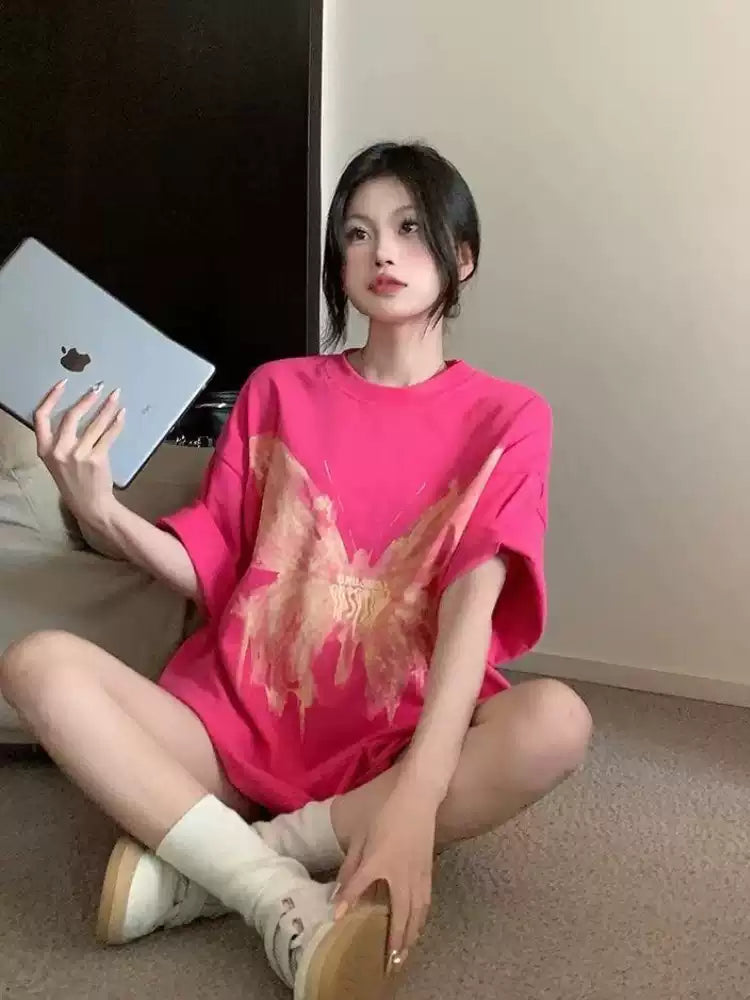 Fashion Pink Style O-Neck Irregular Print Top Spring