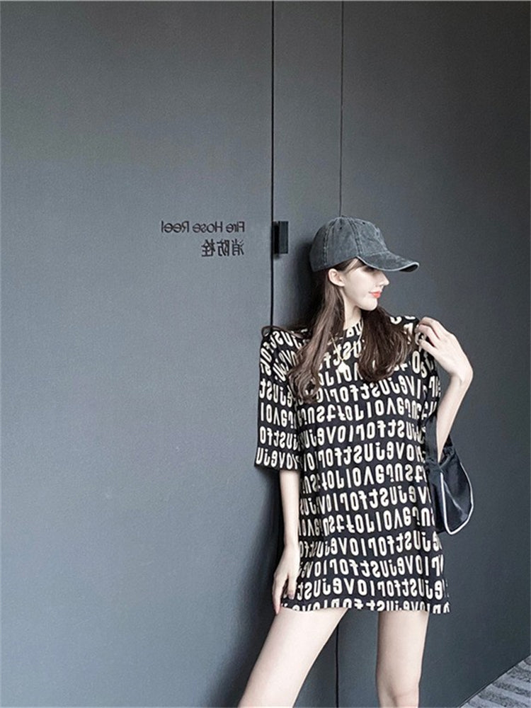 Fashion Black O-Neck Print Cotton Loose Top Summer