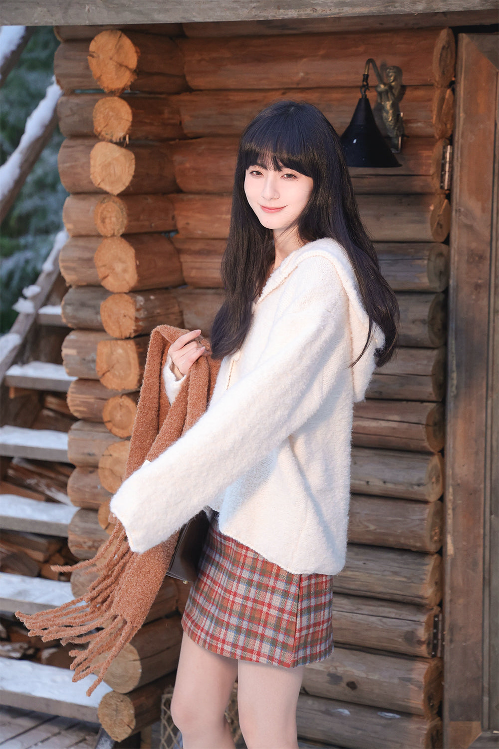 Loose Beige Hooded Button Solid Cotton Knit Coat Winter